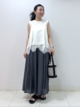 「Dessin（デッサン）の【接触冷感/UVカット】美光沢ノースリーブカットソー（Tシャツ/カットソー、ホワイト系）」を使った、kai12230さん（レディース・161cm）の夏コーディネート