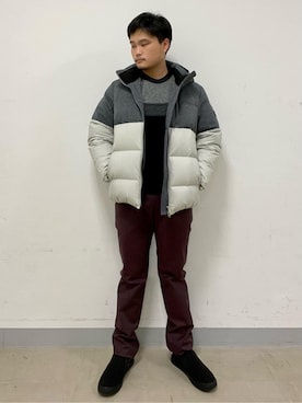 「TAKEO KIKUCHI（タケオキクチ）の【全7サイズ×7色展開！】トップマルチヘリンボン パンツ（スラックス、レッド系）」を使った、中村さん（メンズ・170cm）の秋コーディネート