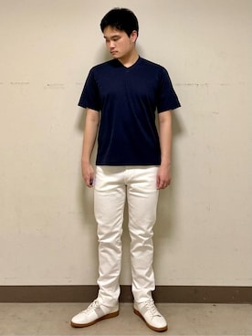「TAKEO KIKUCHI（タケオキクチ）の【日本製】ストレッチ デニムパンツ（デニムパンツ、ホワイト系）」を使った、中村さん（メンズ・170cm）の春コーディネート