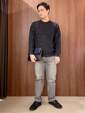 「TAKEO KIKUCHI（タケオキクチ）の【2WAY】ショルダー クラッチバッグ（クラッチバッグ、ブルー系）」を使った、中村さん（メンズ・170cm）の冬コーディネート