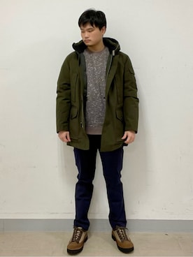 「TAKEO KIKUCHI（タケオキクチ）の【Made in JAPAN】播州織 ヘリンボン ストレート パンツ（スラックス、ブルー系）」を使った、中村さん（メンズ・170cm）の冬コーディネート