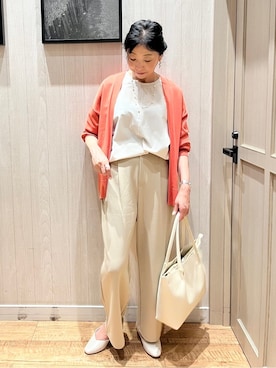 「SHOO・LA・RUE（シューラルー）の【洗える/ひんやり/UV】お尻が隠れるトッパーカーディガン（カーディガン/ボレロ、オレンジ系）」を使った、youさん（レディース・167cm）の春コーディネート