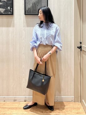 「DRESKIP（ドレスキップ）の【S-LL】お顔周りを華やかに ストライプフリルシャツ（シャツ/ブラウス、ブルー系）」を使った、youさん（レディース・167cm）の春コーディネート