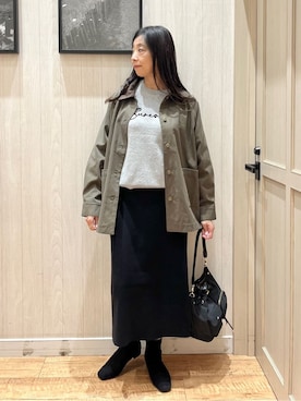 「SHOO・LA・RUE（シューラルー）の【S-LL】オーバーシルエットでこなれ感 襟コール カバーオール（ステンカラーコート、グリーン系）」を使った、youさん（レディース・167cm）の秋コーディネート