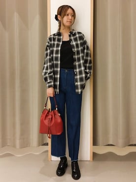「THE SHOP TK （ザ ショップ ティーケー ）の【即戦力/軽羽織】チェックドルマンシャツ（シャツ/ブラウス、ブラック系）」を使った、ミリさん（レディース・171cm）の秋コーディネート
