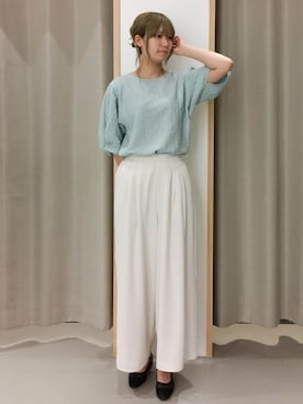 「THE SHOP TK （ザ ショップ ティーケー ）のポコポコ袖タックプルオーバー　体型カバー/洗濯機OK（Tシャツ/カットソー、グリーン系）」を使った、ミリさん（レディース・171cm）の夏コーディネート