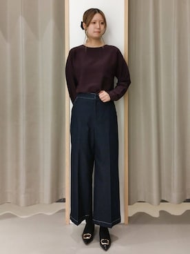 「THE SHOP TK （ザ ショップ ティーケー ）の【S-XLサイズ/選べる7色】どこから見ても美しい ガーターニット/毛玉になりにくい/洗濯機OK（ニット/セーター、パープル系）」を使った、ミリさん（レディース・171cm）の秋コーディネート