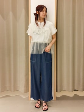 「THE SHOP TK （ザ ショップ ティーケー ）の【セットアイテム】チュール×ロゴTシャツ/洗える（Tシャツ/カットソー、ホワイト系）」を使った、ミリさん（レディース・171cm）の夏コーディネート