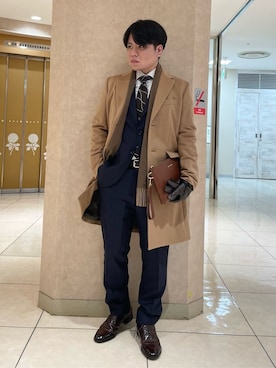 「TAKEO KIKUCHI（タケオキクチ）のウールカシミヤブレンド チェスターコート（チェスターコート、ベージュ系）」を使った、Suehiroさん（メンズ・165cm）の秋コーディネート