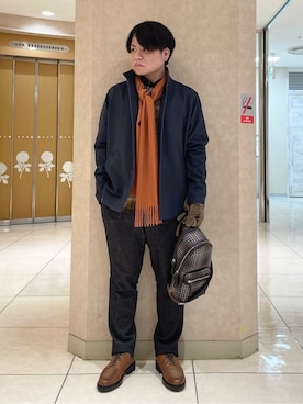 「TAKEO KIKUCHI（タケオキクチ）の【DOWN FABRIC】ダウンファブリック スタンドカラーブルゾン（ブルゾン、ブルー系）」を使った、Suehiroさん（メンズ・165cm）の冬コーディネート