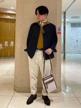 「TAKEO KIKUCHI（タケオキクチ）のレースローファー（ドレスシューズ、ブラウン系）」を使った、Suehiroさん（メンズ・165cm）の春コーディネート