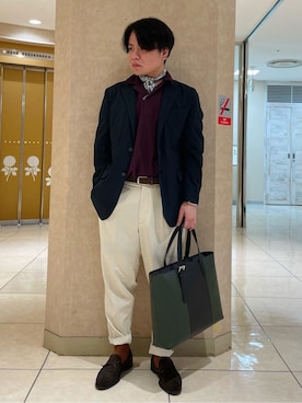 「TAKEO KIKUCHI（タケオキクチ）のレースローファー（ドレスシューズ、ブラウン系）」を使った、Suehiroさん（メンズ・165cm）の春コーディネート