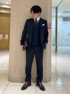 「アイテム（スーツセット、ブルー系）」を使った、Suehiroさん（メンズ・165cm）の冬コーディネート