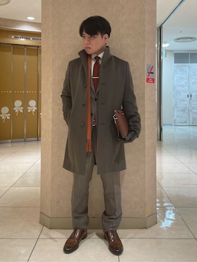「TAKEO KIKUCHI（タケオキクチ）の【ウールカシミヤブレンド】ビーバー調 スタンドカラー コート（その他アウター、グリーン系）」を使った、Suehiroさん（メンズ・165cm）の秋コーディネート