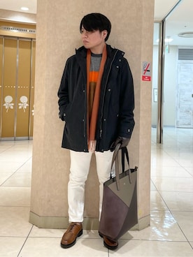 「TAKEO KIKUCHI（タケオキクチ）の【日本製】ストレッチ デニムパンツ（デニムパンツ、ホワイト系）」を使った、Suehiroさん（メンズ・165cm）の冬コーディネート