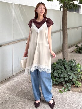 「OPAQUE.CLIP（オペークドットクリップ）のサテンレース キャミワンピース【洗濯機OK】（ワンピース、ベージュ系）」を使った、74meguさん（レディース）の夏コーディネート