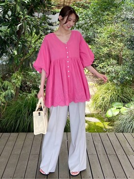 ◇バルーン袖スカラップ刺繍レースチュニックを使った人気ファッション 