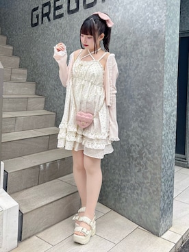 「Another Branch olive des olive(アナザーブランチオリーブデオリーブ)のシアーリブレース付Vカーディガン(Tシャツ/カットソー、ピンク系)」を使った、maimaiさん(レディース・154cm)の夏コーディネート