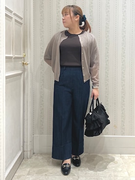 「grove（グローブ）の高評価！【洗える／名品】大人の透け感、シアーカーディガン（カーディガン/ボレロ、ブラウン系）」を使った、nanaさん（レディース・153cm）の秋コーディネート