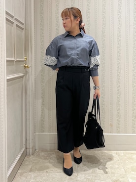 「grove（グローブ）のレースボリュームスリーブシャツ（シャツ/ブラウス、ブルー系）」を使った、nanaさん（レディース・153cm）の夏コーディネート