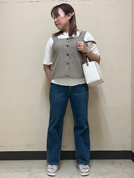 「grove（グローブ）のストライプ ビスチェ＆インナーセット（その他トップス、ブラウン系）」を使った、nanaさん（レディース・153cm）の春コーディネート