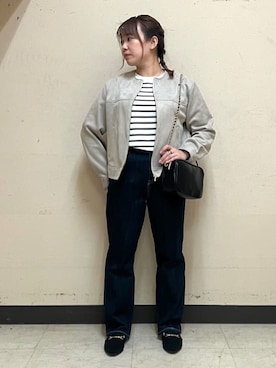 「grove（グローブ）のスエードライク ノーカラーブルゾン（ノーカラージャケット、ベージュ系）」を使った、nanaさん（レディース・153cm）の春コーディネート