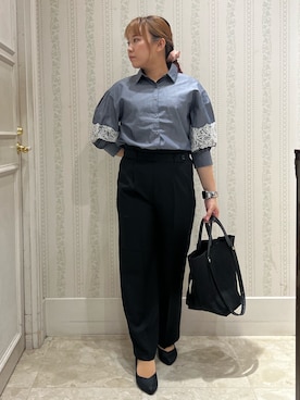 「grove（グローブ）のレースボリュームスリーブシャツ（シャツ/ブラウス、ブルー系）」を使った、nanaさん（レディース・153cm）の夏コーディネート