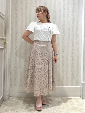 「couture brooch（クチュールブローチ）の【接触冷感・UVカット・洗える】リボン ロゴTシャツ（Tシャツ/カットソー、ホワイト系）」を使った、nanaさん（レディース・153cm）の夏コーディネート