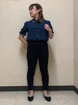 「couture brooch（クチュールブローチ）の【通勤・洗える】配色ダブルカラー ブラウス（シャツ/ブラウス、ブルー系）」を使った、nanaさん（レディース・153cm）の春コーディネート