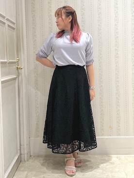 「couture brooch（クチュールブローチ）の【大人上品・前後2WAY】エンブロレース 5分袖ブラウス【洗濯機可】（シャツ/ブラウス、ブルー系）」を使った、nanaさん（レディース・153cm）の夏コーディネート