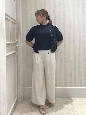 「couture brooch（クチュールブローチ）の【洗える】フラワーレース カーディガン（カーディガン/ボレロ、ブラック系）」を使った、nanaさん（レディース・153cm）の夏コーディネート