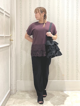 「grove（グローブ）の【持続冷感/SET UP可】ひんやりポンチシリーズ／裾レースドルマンカットソー（Tシャツ/カットソー、ブラウン系）」を使った、nanaさん（レディース・153cm）の夏コーディネート