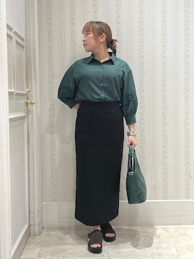 「grove（グローブ）のレースボリュームスリーブシャツ（シャツ/ブラウス、グリーン系）」を使った、nanaさん（レディース・153cm）の夏コーディネート