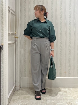 「grove（グローブ）のレースボリュームスリーブシャツ（シャツ/ブラウス、グリーン系）」を使った、nanaさん（レディース・153cm）の夏コーディネート