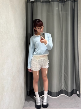 「WHO'S WHO gallery（フーズフーギャラリー）のレースガータートップス（Tシャツ/カットソー、ホワイト系）」を使った、レイアさん（レディース・160cm）の春コーディネート