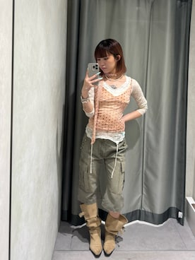 「WHO'S WHO gallery（フーズフーギャラリー）のレースガータートップス（Tシャツ/カットソー、ホワイト系）」を使った、レイアさん（レディース・160cm）の春コーディネート