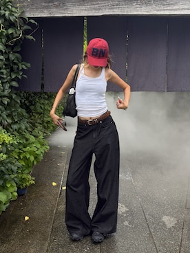 「BENUA（ベヌア）のBN ロゴキャップ -BN logo cap-（キャップ、レッド系）」を使った、saraさん（レディース・172cm）の夏コーディネート