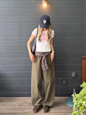 「Sunday ceremonyのアイテム（キャップ、ブルー系）」を使った、saraさん（レディース・172cm）の夏コーディネート