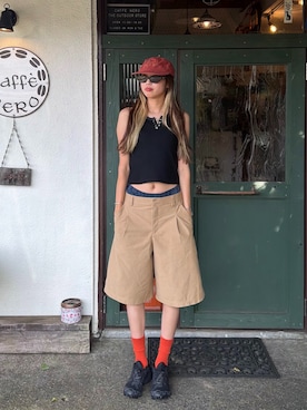 「HELLO SUNRISE（ハローサンライズ）のHS Doodle Logo RX 6P Cap_Terracotta（キャップ、ブラウン系）」を使った、saraさん（レディース・172cm）の夏コーディネート