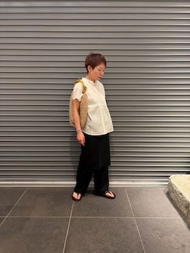 「URBAN RESEARCH DOORS（アーバンリサーチドアーズ）のラップレイヤードストレートパンツ（その他パンツ、ブラック系）」を使った、sayakaさん（レディース・152cm）の夏コーディネート