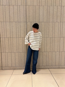 「FORK&SPOON（フォークアンドスプーン）のFORK&SPOON　ワイド8分袖ボーダープルオーバー（Tシャツ/カットソー、ホワイト系）」を使った、sayakaさん（レディース・152cm）の秋コーディネート