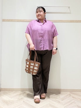 「SHOO・LA・RUE（シューラルー）のヒップがすっぽり隠れる やわらか5分袖シアーシャツ（シャツ/ブラウス、ピンク系）」を使った、slrymk13さん（レディース・153cm）の夏コーディネート