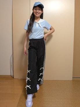 「JENNI love（ジェニィラブ）の配色セーラーカラーTシャツ（Tシャツ/カットソー、ブルー系）」を使った、sakami101さん（キッズ・152cm）の夏コーディネート