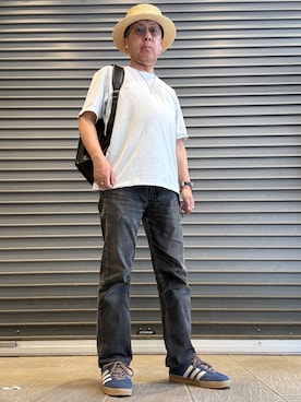 「田中帽子店（タナカボウシテン）の日本製 シンプルカンカン帽 マラン･フェム　Marin/f（ハット、ベージュ系）」を使った、Ken Nさん（メンズ・168cm）の夏コーディネート