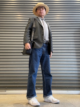 「田中帽子店（タナカボウシテン）の日本製 シンプルカンカン帽 マラン･フェム　Marin/f（ハット、ベージュ系）」を使った、Ken Nさん（メンズ・168cm）の春コーディネート