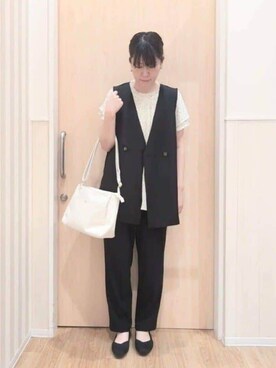 「DRESKIP（ドレスキップ）の【洗える】洗濯後しわになりにくい 麻調ダブルベスト（ベスト、ブラック系）」を使った、UEさん（レディース）の夏コーディネート