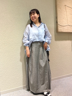 「かぐれ（カグレ）のラミーワイドシアーシャツ（シャツ/ブラウス、ブルー系）」を使った、こもりさん（レディース・146cm）の夏コーディネート
