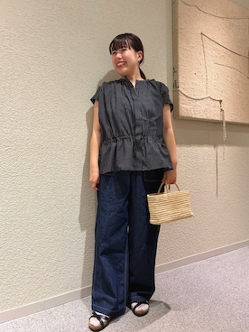 「かぐれ（カグレ）のドットプリントフレンチギャザーブラウス（シャツ/ブラウス、ブラック系）」を使った、こもりさん（レディース・146cm）の夏コーディネート