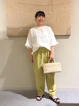 「かぐれ（カグレ）のリネンフリルスリーブプルオーバー（シャツ/ブラウス、ホワイト系）」を使った、こもりさん（レディース・146cm）の夏コーディネート