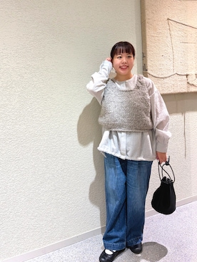 「かぐれ（カグレ）のペルーローゲージショートニットベスト（ベスト、グレー系）」を使った、こもりさん（レディース・146cm）の秋コーディネート